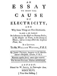 An Essay to Shew the Cause of Electricity; and Why Some Things are Non-Electricable.
In Which Is Also Consider'd Its Influence in the Blasts on Human Bodies, in the Blights on Trees, in the Damps in Mines; And as It May Affect the Sensitive Plant, &c.