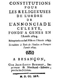Constitutions pour les religieuses de l'ordre de l'annonciade céleste, fondé à Genes en l'Année 1604. book cover
