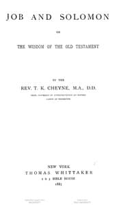 Job and Solomon: Or, The Wisdom of the Old Testament