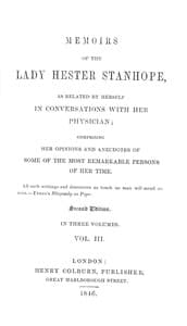 Memoirs of the Lady Hester Stanhope, as related by herself in conversations with her physician, vol. 3 (of 3) book cover